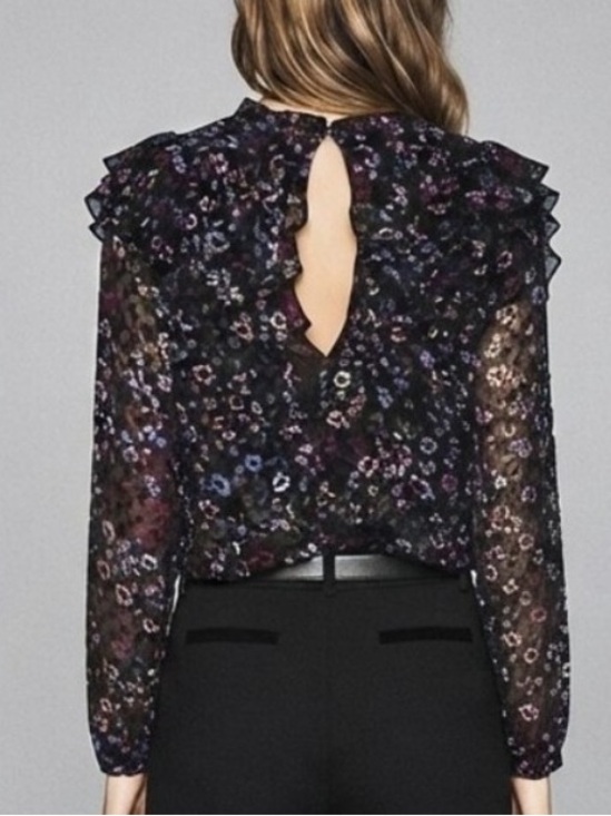 Reiss Tops - Reiss Black Sheer Floral Ruffle Blouse with Pink and Purple Accents